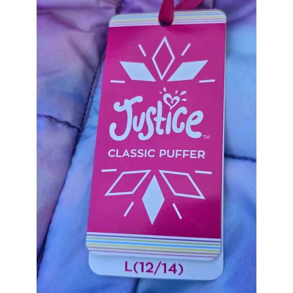Justice Girls Puffer Jacket with Faux Fur Lined Hood Size L 12/14 Rainbow Pastel